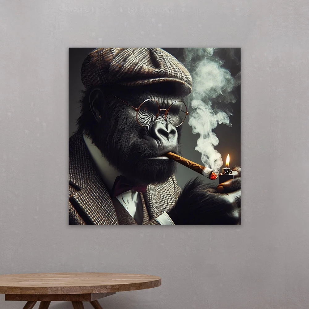 Sophisticated Gorilla Smoking Cigar Canvas Painting Vintage Style Animal Wall Art Prints Retro Animal Portrait Modern Home Decor