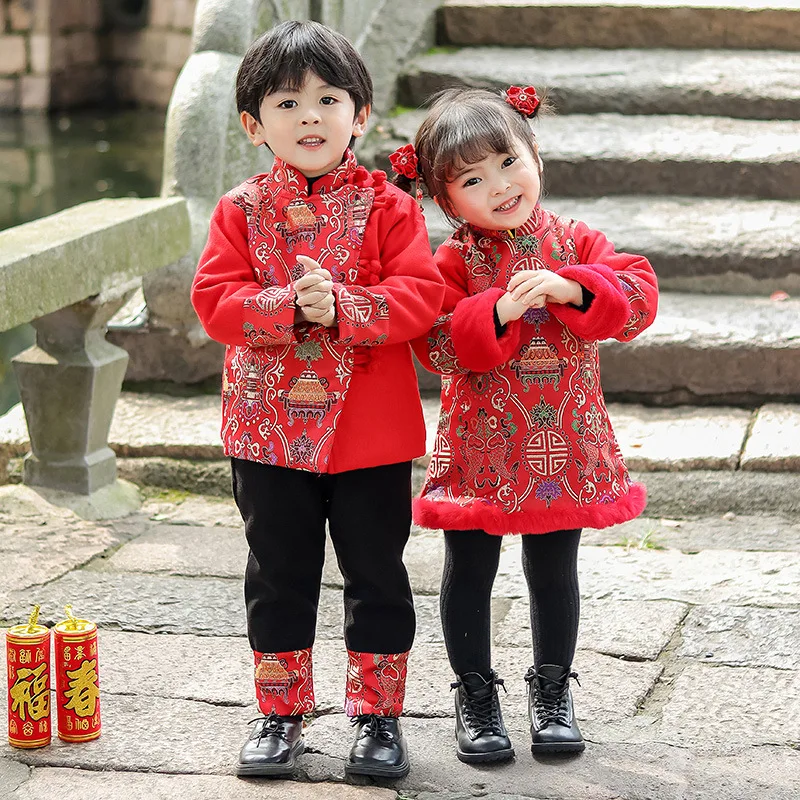 Traje Tang chino para niñas, vestido de algodón con bordado de Cooton, acolchado, Invierno