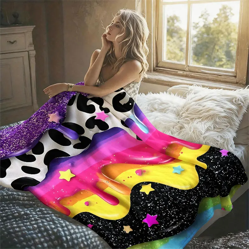 Y2K Drip Leopard Rainbow Flannel Blanket Perfect for Sofa Office Bed Travel Sleep Read Relax Camping Four Season Use