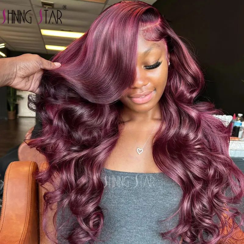 Perruque Lace Front Wig Body Wave brésilienne naturelle, cheveux humains, 13x6, bordeaux foncé, 99J, pre-plucked, pour femmes