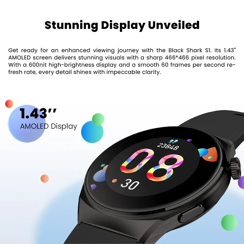 Black Shark S1 Smartwatch Wersja globalna 1,43-calowy ekran AMOLED Monitorowanie stanu zdrowia Zegarek fitness 10-dniowy czas pracy baterii Bezprzewodowy Char