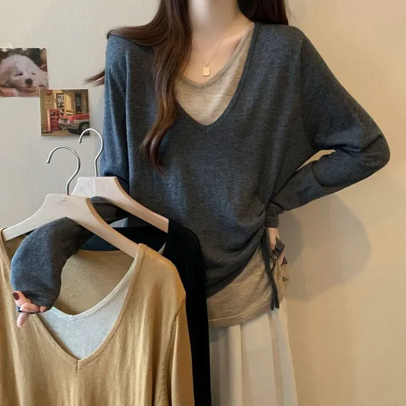 

Fake Two Pieces V-Neck T-shirt Spring Autumn Loose Patchwork Women's Clothing Long Sleeve Casual Fashion Drawstring Pullovers