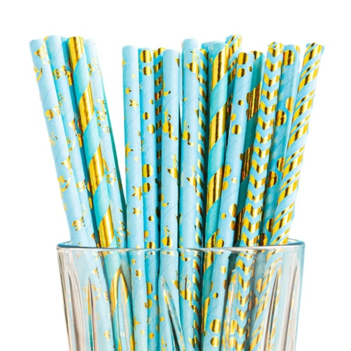 Blue Paper Straws Snowflake Blue Stripes Disposable Straw for Winter Holiday Xmas Beverage Cocktail Birthday Home Party Supplies