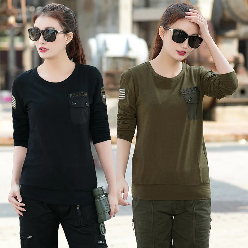 US Army Green T Shirt for Women, Military Style, Outdoor Clothing, Black Cotton, Long Sleeve, O Neck, Tops