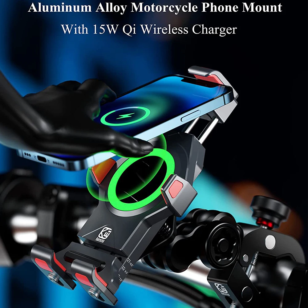 

Aluminum Alloy Motorcycle Phone Holder 15W Qi Wireless Charger Vibration Dampener Metal Waterproof Handlebar Cell Phone Mount