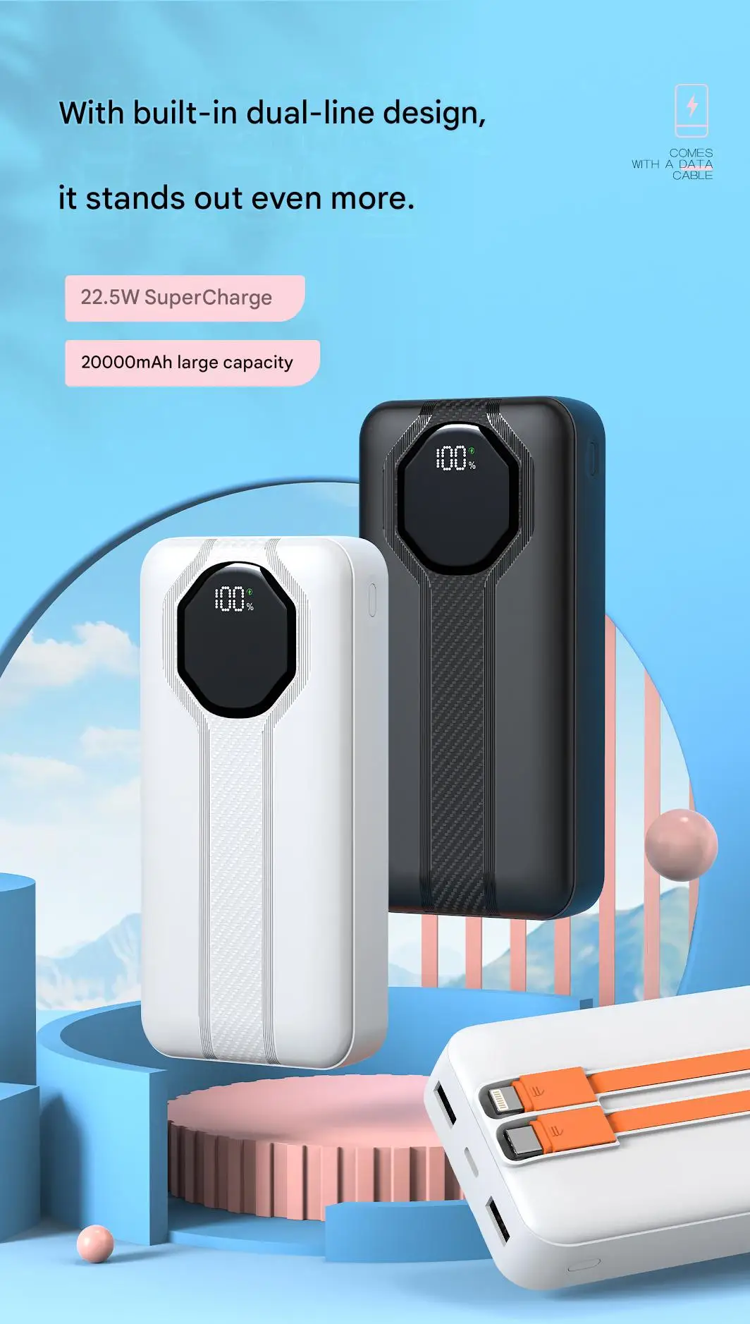 20000mAh Power Bank with Digital Display Built-in Cable Fast Charging Portable Charger 3C Certified Super Fast Charge Large Capacity External Battery Pack Airplane Friendly for Travel Smart Phone view 6