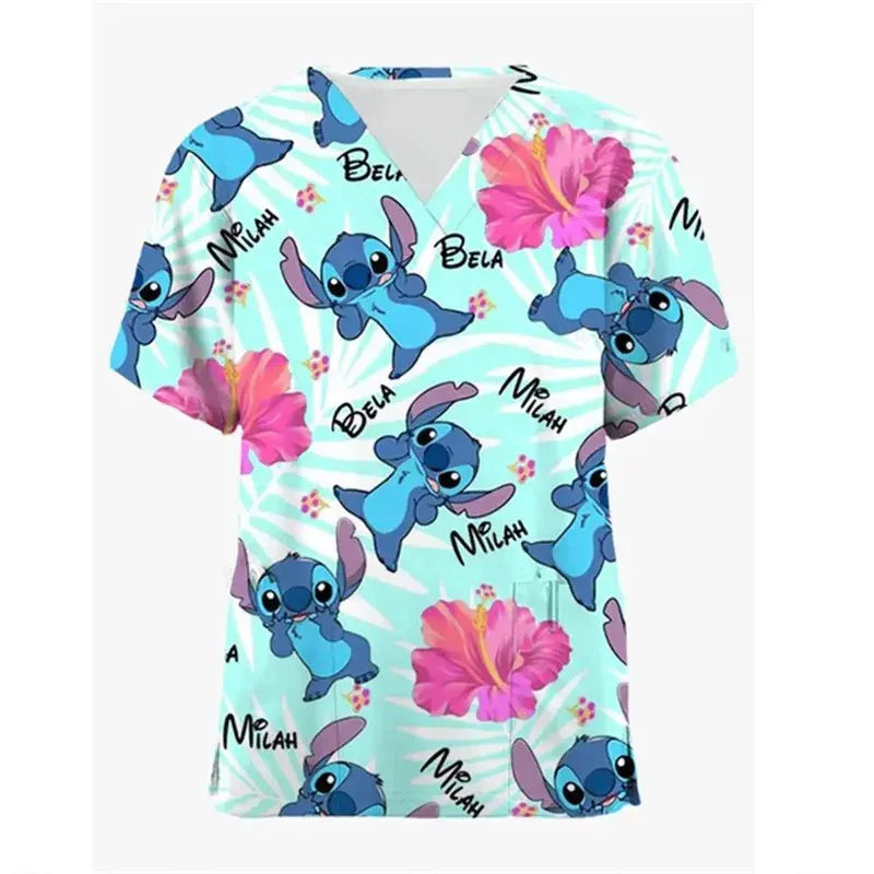 Disney Hospital Pocket Lilo & Stitch Woman T-shirts Summer T-shirt New Nurse Uniform V Neck Y2k Clothing Uniform Pocket Neck Y2k
