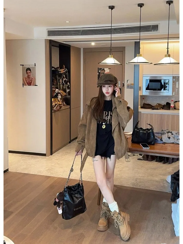 Jaqueta Retrô Feminina de Trabalho, Colete Estilo Biker Solto e Moderno para Outono/Inverno, Casaco Curto Abotoado Casual que Modela a Silhueta