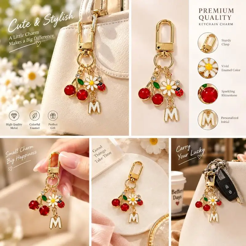 Lightweight Mini Cherry Keychain Enamel Coated Alphabet Butterfly Decor Car Key Ring Gift for Kids Birthday