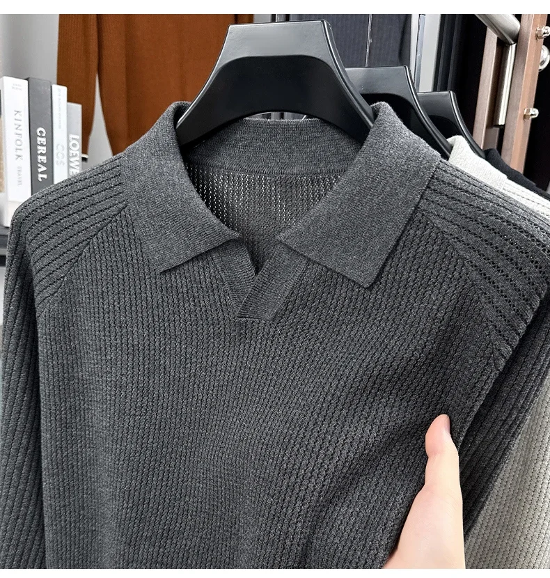

Новинка 2025 года, мужской вязаный свитер из 100% хлопка, весенне-осенний высококачественный повседневный свитер-поло с длинными рукавами и воротником «Чайка»