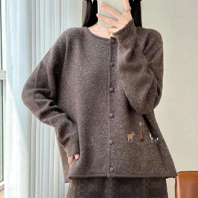 Autumn Women's 100% Merino Wool Cardigan Sweater O‑Neck Contrast Binding Whimsical Animal Embroidery Playful Knit Outerwear 3