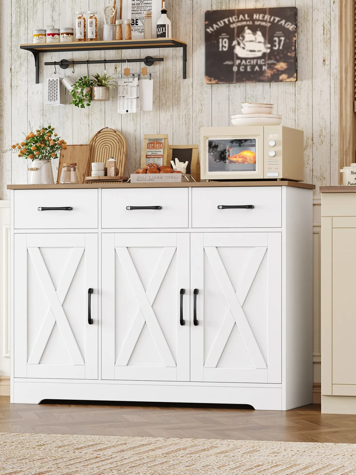 Sideboard, Küchenschrank mit 3 Schubladen und 3 Türen für Küche, Buffetschrank mit Arbeitsplatte, für Esszimmer, Wohnzimmer, Hol
