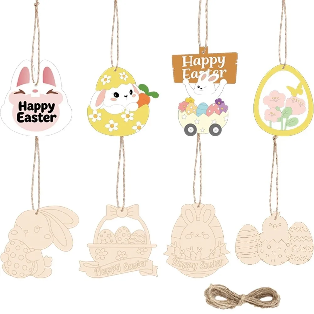 16/24/32pcs Creative Handmade Crafts Easter Pendant DIY Painting Hanging Wood Pendant Wooden Rabbit Tags Holiday Decoration