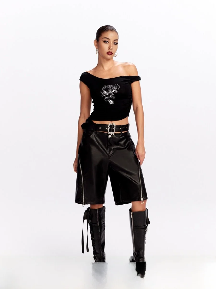 

Оригинальные свободные шорты JYOSEI из искусственной кожи с низкой талией, женские брюки с боковой молнией, прямые брюки длиной до колена