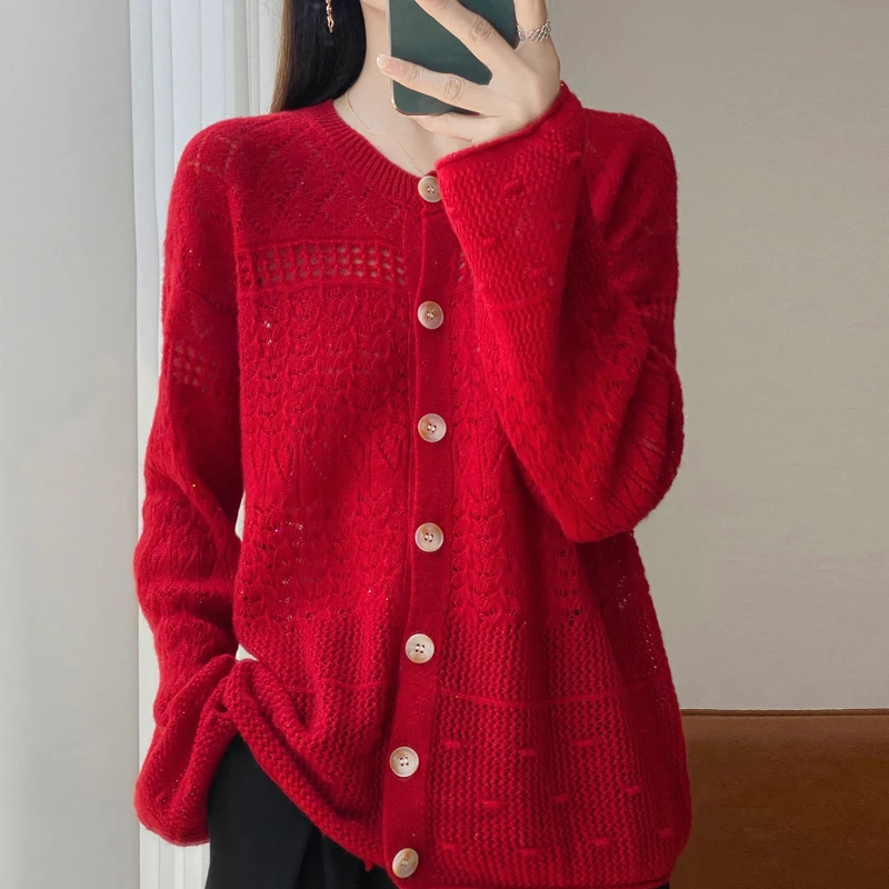 

Soft Commuting O-Neck Hollow Out Cardigan Casual Loose Women's Sweater 100% Merino Wool Knitwear Comfort Chic Warm Gentle Tops
