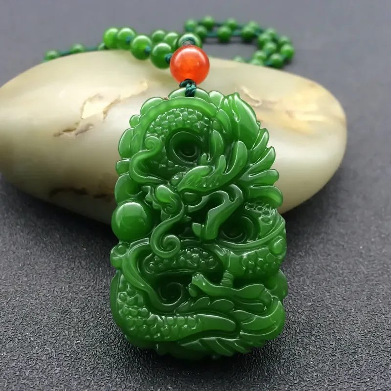 Natural Green Jade Dragon Pendant Beads Necklace Charm Jewellery Fashion Accessories Hand-Carved Man Luck Amulet Sweater Chain