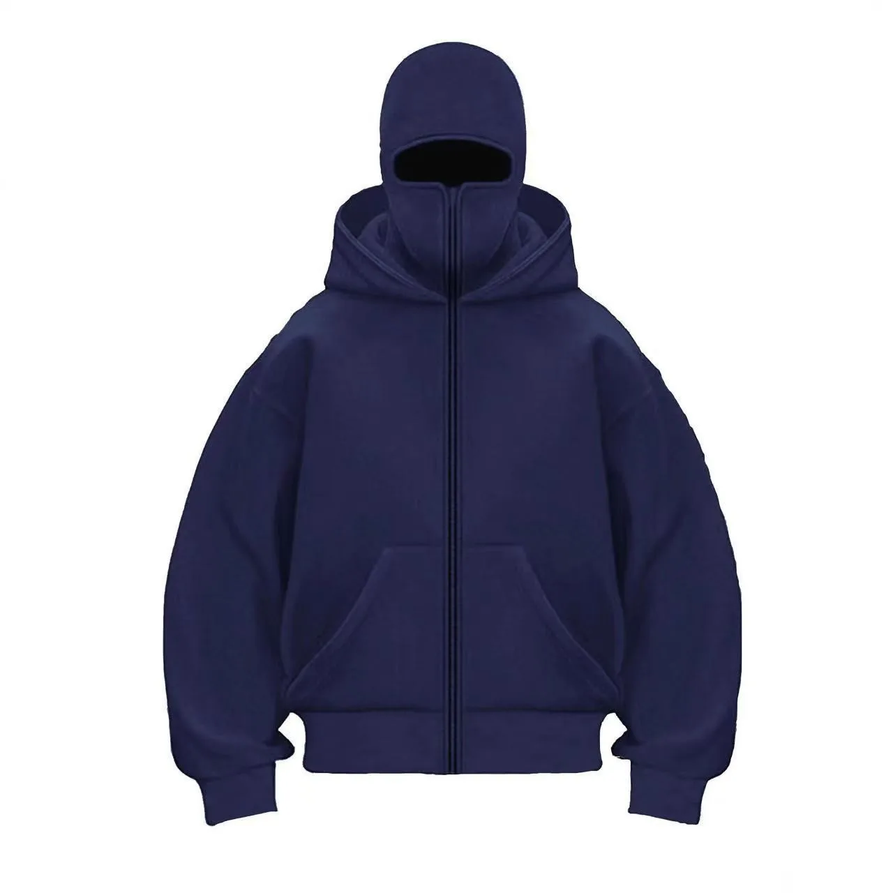 Men Balaclava Hoodie Full Zip Sweatshirt Built‑in Face Mask Y2K Streetwear Casual Warm Jacket