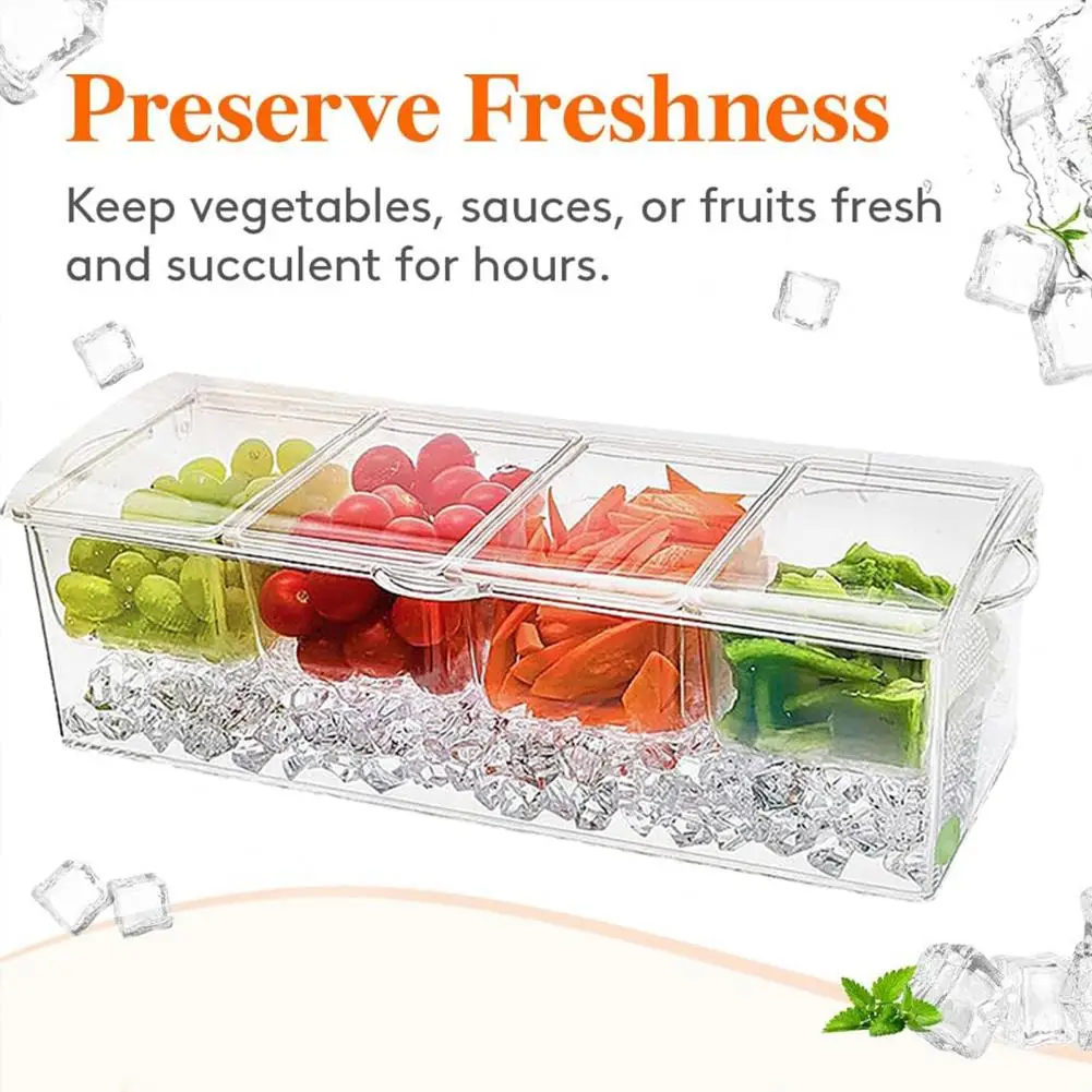 

Transparent Fridge Fruit Box with Ice Stoarge Space Detachable Lid 4 Compartments Salad Fruit Container Picnic Spice Case