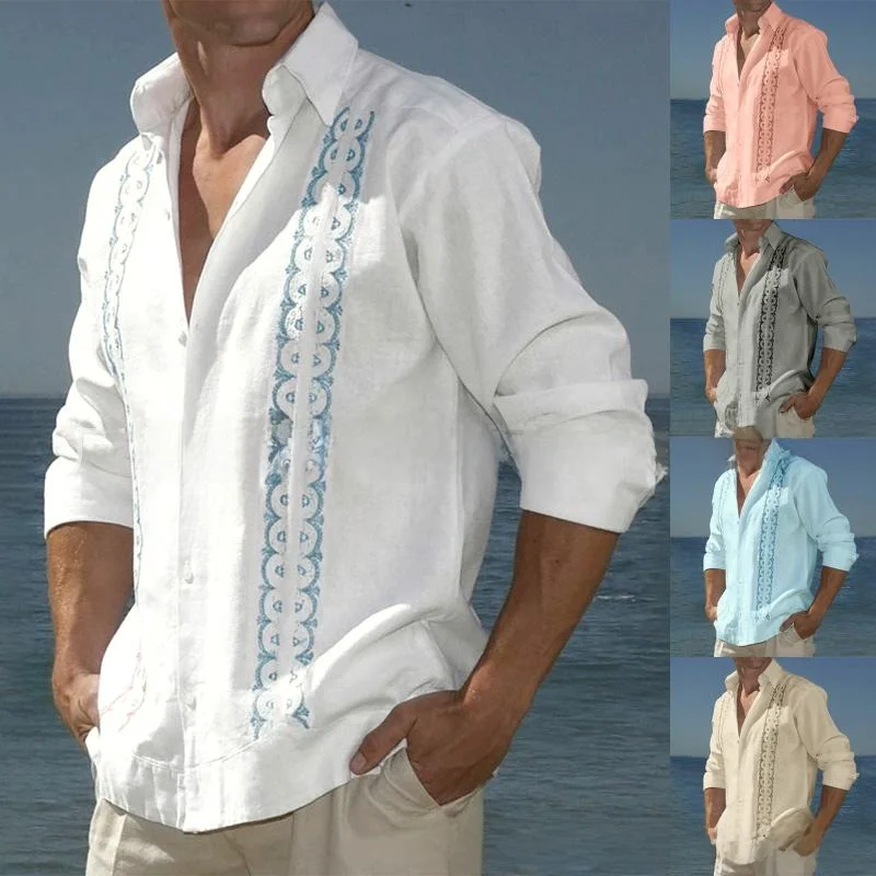 

Men's Cotton Linen irt with Collar Button Printed Design Long Sve Slim Fit Spring Summer Faion Casual Wear