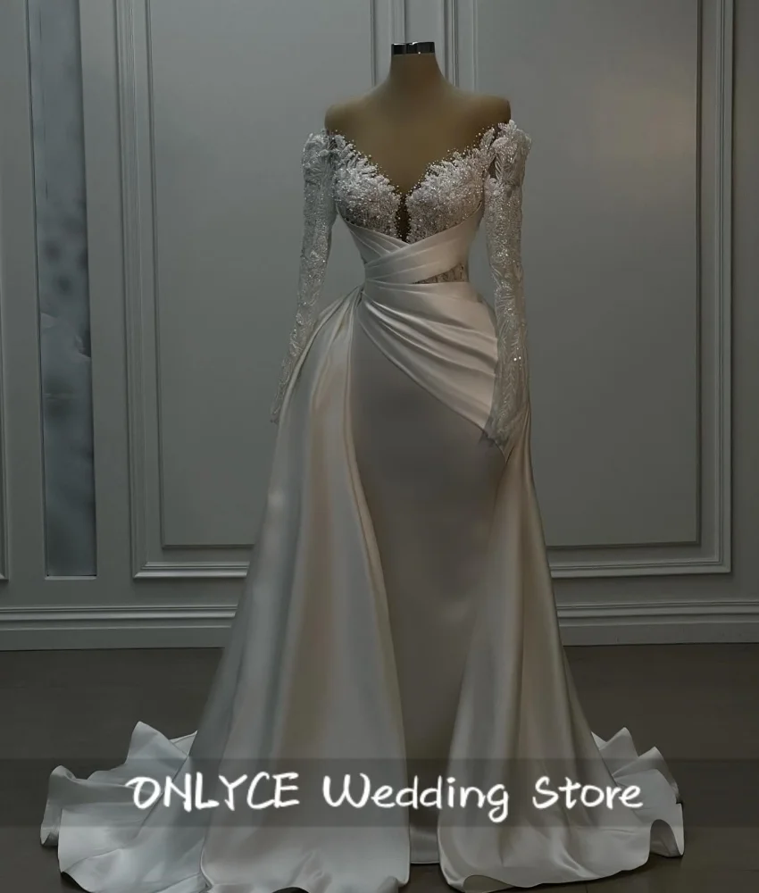 Romance Satin Mermaid Wedding Dress Luxury Women 2024 Long Sleeves Bride Dresses Sparkly Beading Pearls Robe De Mariee