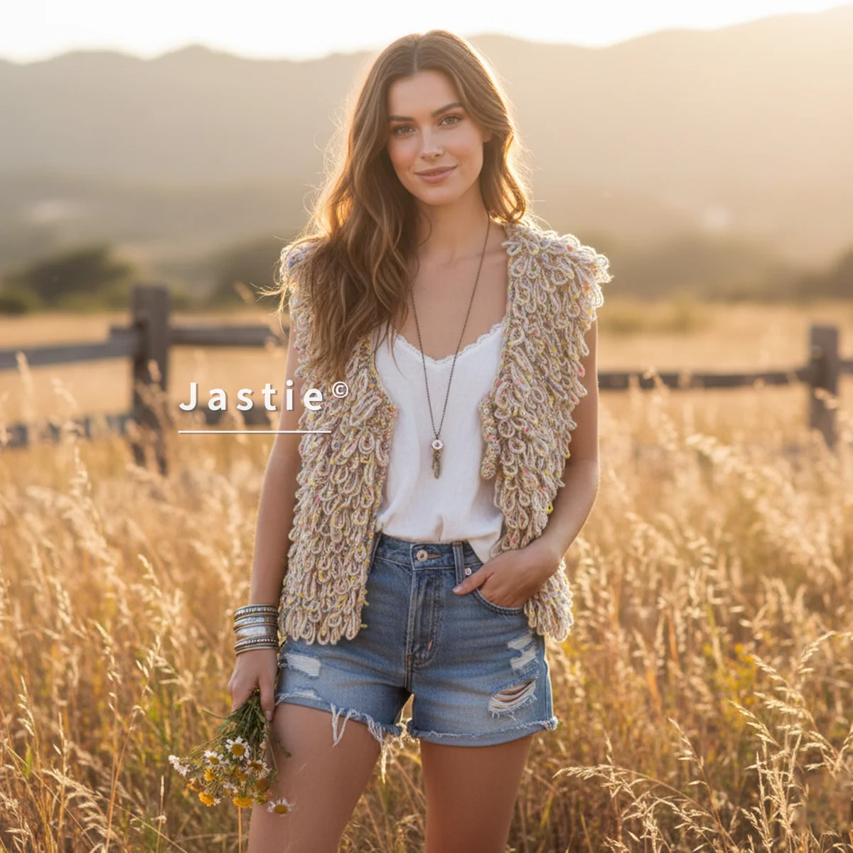 Textured Hand-Knit Fringe Vest Colorful Speckles Lace Up V-Neck Artisanal Chunky Knit Sleeveless Outerwear For Women's Bohemian