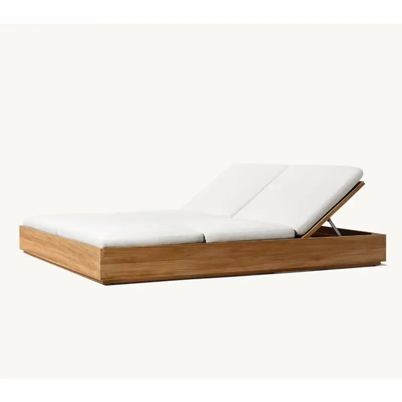 Garden Double Adjustable Chaise Swimming Pool Sunbed Patio Teak Wood Folding Sun Lounger Outdoor Furniture Beach Chaise