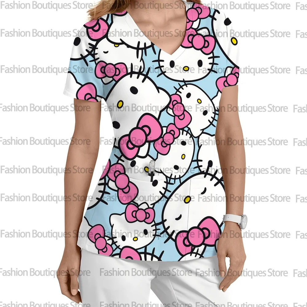 

Women's Scrub Nursing Uniform Tops with Cartoon Hello Kitty Prints, Summer Short-Sleeve V-Neck Pockets, 2025 Elegant and Casual