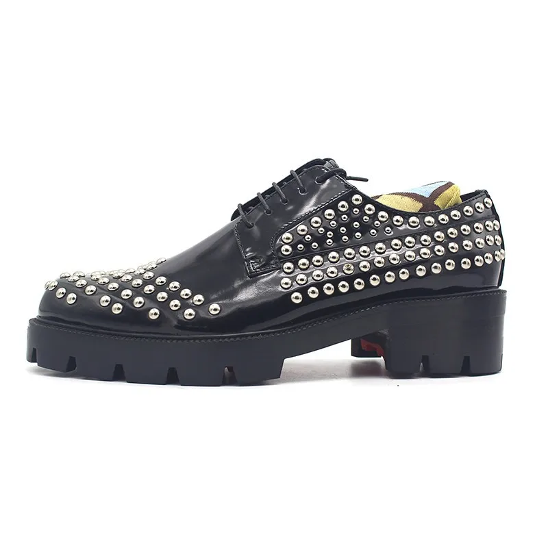 JINIWU 2026 Studded Platform Shoes for Men, Lace Up Elevated Punk Style Trendy Cow Leather Muffin Sole Leather Shoes