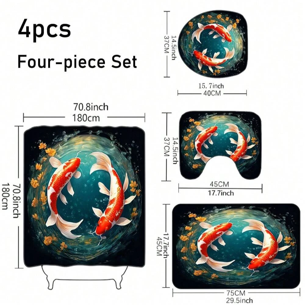 4pcs Koi Fish Pattern Shower Curtain, Room Curtain With Hooks, Anti-Slip Bath Mat, Bathroom Set, Holiday Gift