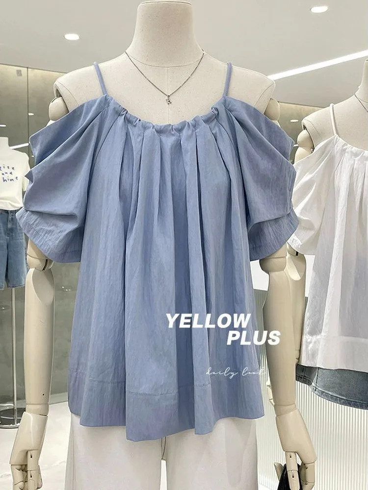

Sweet Style plus Size Women's Shirt Short Sleeve Summer Loose Slimming Pure Desire Strap T-Shirt Top Korean Version Commute S...