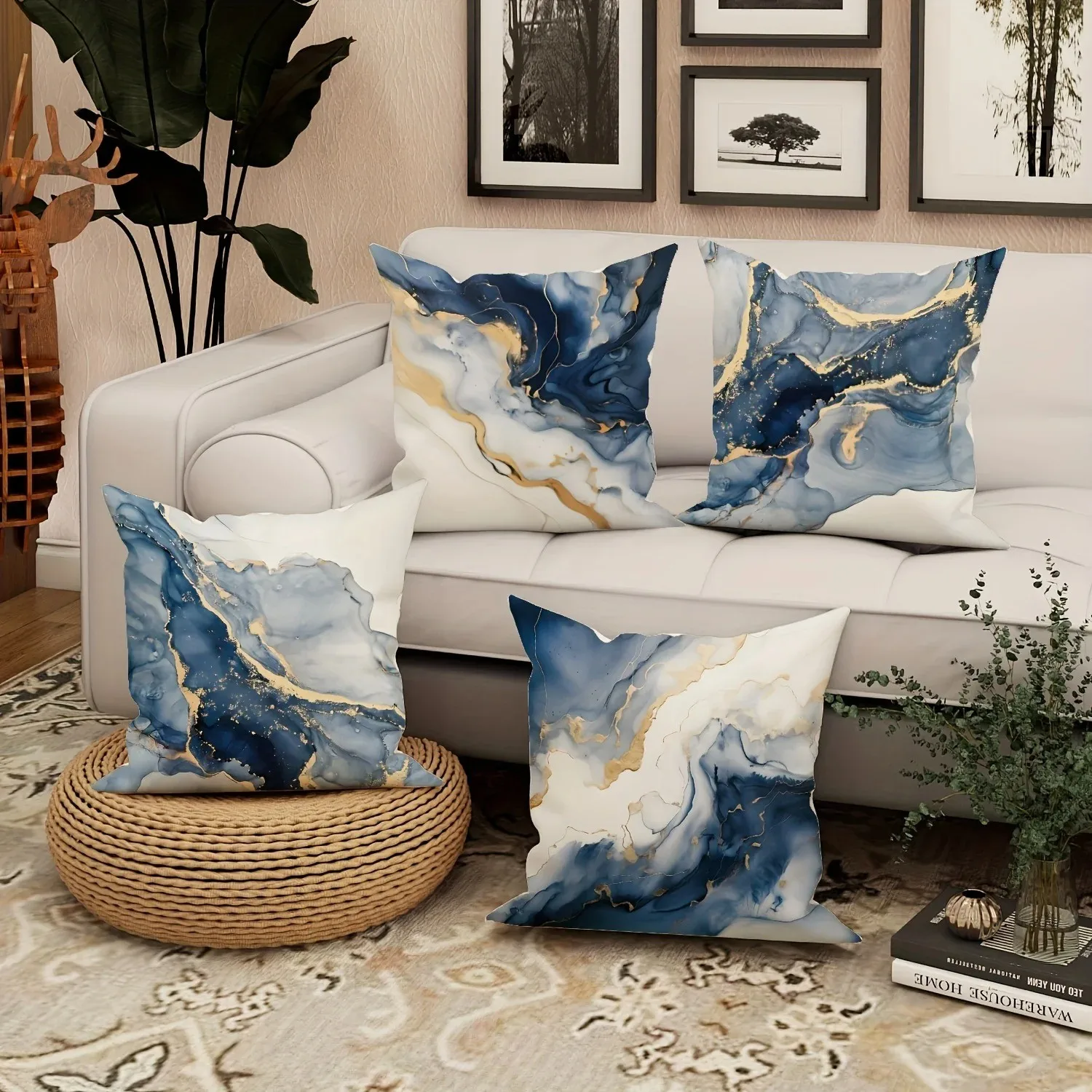 Blue And Gold Marbled Pattern Pillow Covers Pattern Cushion Cover Suitable For Sofa Bedroom Car Pillow Cover