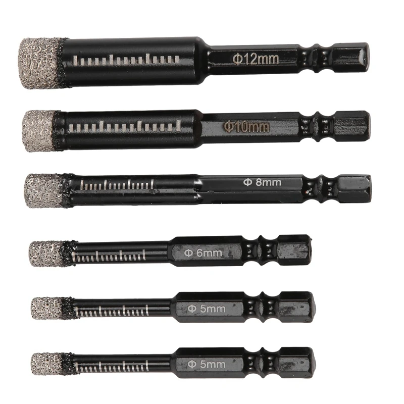 

6Pc Black Dry Diamond Drill Bits Set For Granite Ceramic Marble Tile Stone Glass Hard Materials 5/6/8/10/12Mm