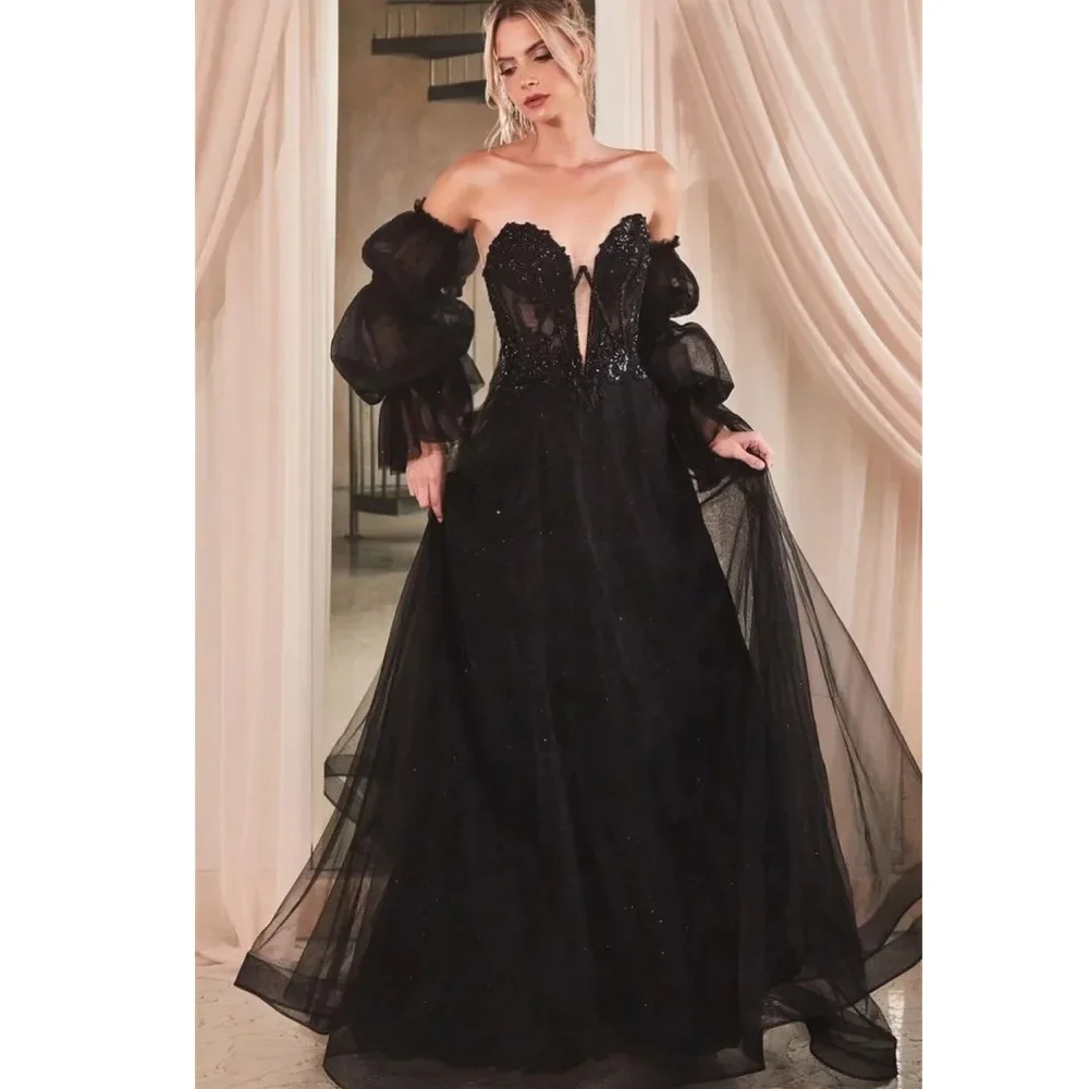 

Customized Evening Dresses Elegant Off-Shoulder A-line Prom Dress Sexy Lace Embroidery Puff Sleeve Exquisite Party Gowns Women