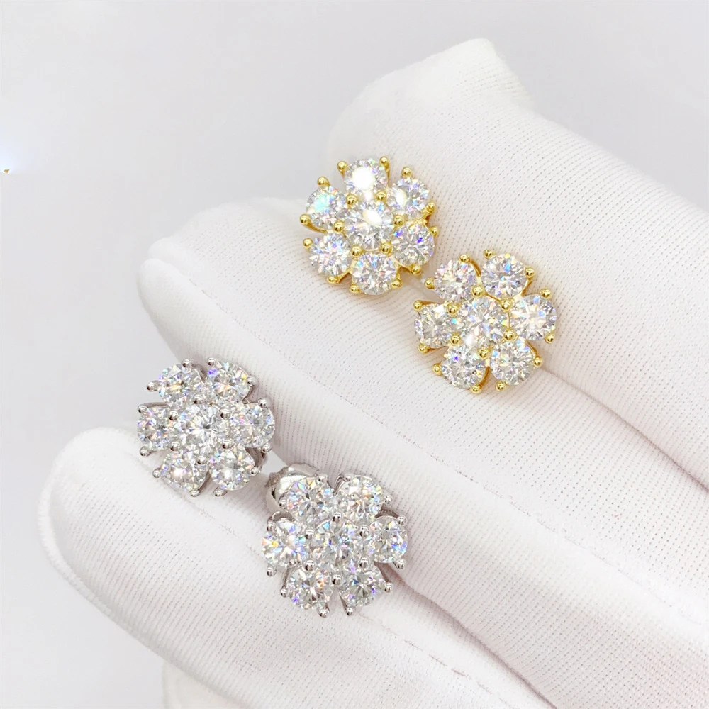 

Iced Bling D Color Moissanite Flower Screwback Stud Earrings 925 Sterling Silver Fine Jewelry 14K Gold Plated Pass Diamond Test