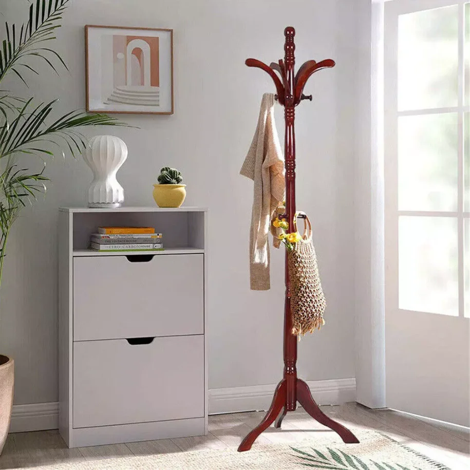 Wood Coat Hat Rack Stand Clothes Hanger Hall Tree Height Adjustable Entryway Clothes Rail