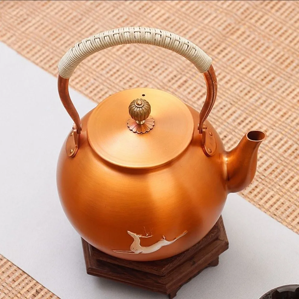 Pure Red Copper Boiled Water Kettle 1.5L Gilded Deer Copper Pot Hand-Made Thickened Uncoated Copper Teapot Healthy Tea Set