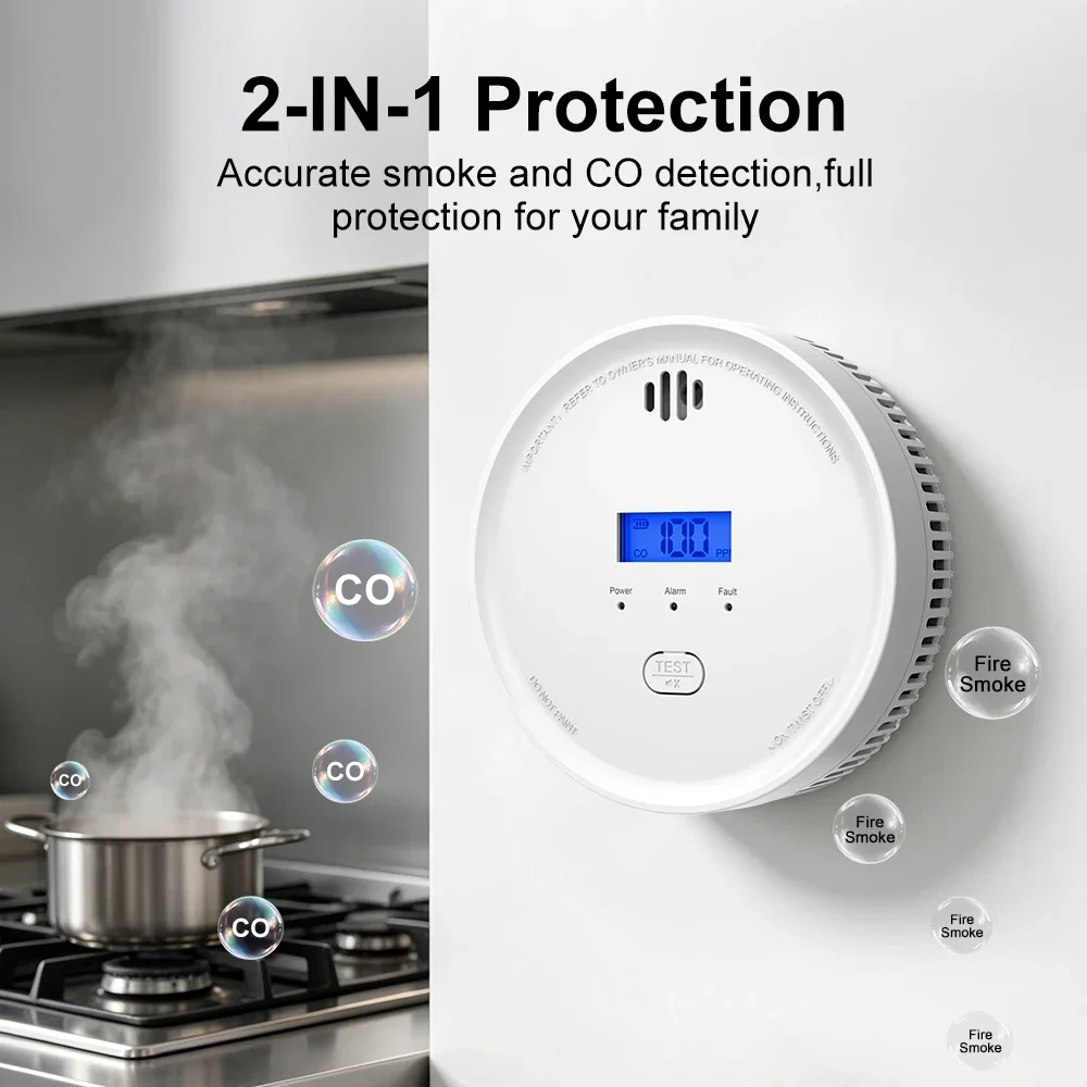 Smoke and CO Detector 2 in 1 CE Certified Battery Powered 85dB Alarm Photoelectric Carbon Monoxide Detector Home Kitchen Bedroom