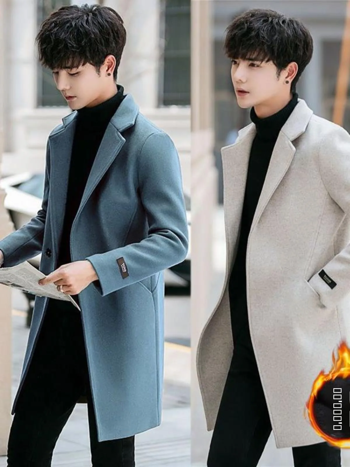 

Autumn Winter Men's Thiened Slim Fit Tweed Coat Casual Sle Long Length Windbreaker Single Button PU Material Faionable