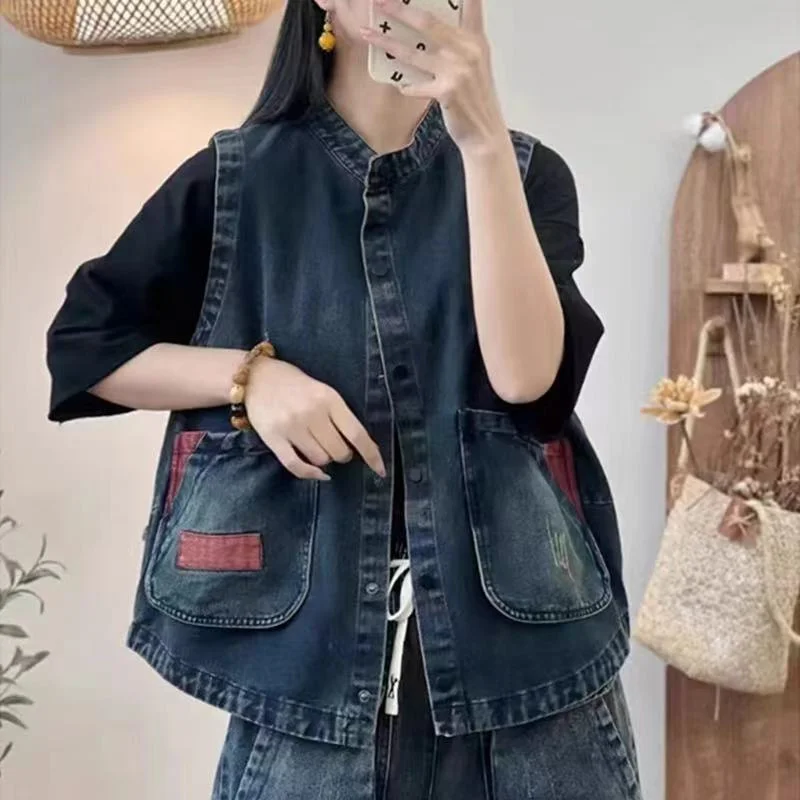 

Chinese Style Denim Vest Women Spring Autumn Standing Collar Color Blocked Sleeveless Jacket Short Cardigan Top Female Waistcoat