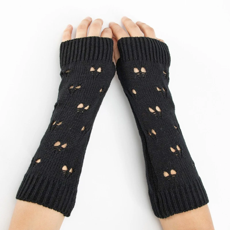 Women's Fashion Knitted Warm Pile Arm Cover Long Fingerless Gloves Winter Solid Casual Street Crochet Thumb Hole Arm Sleeves