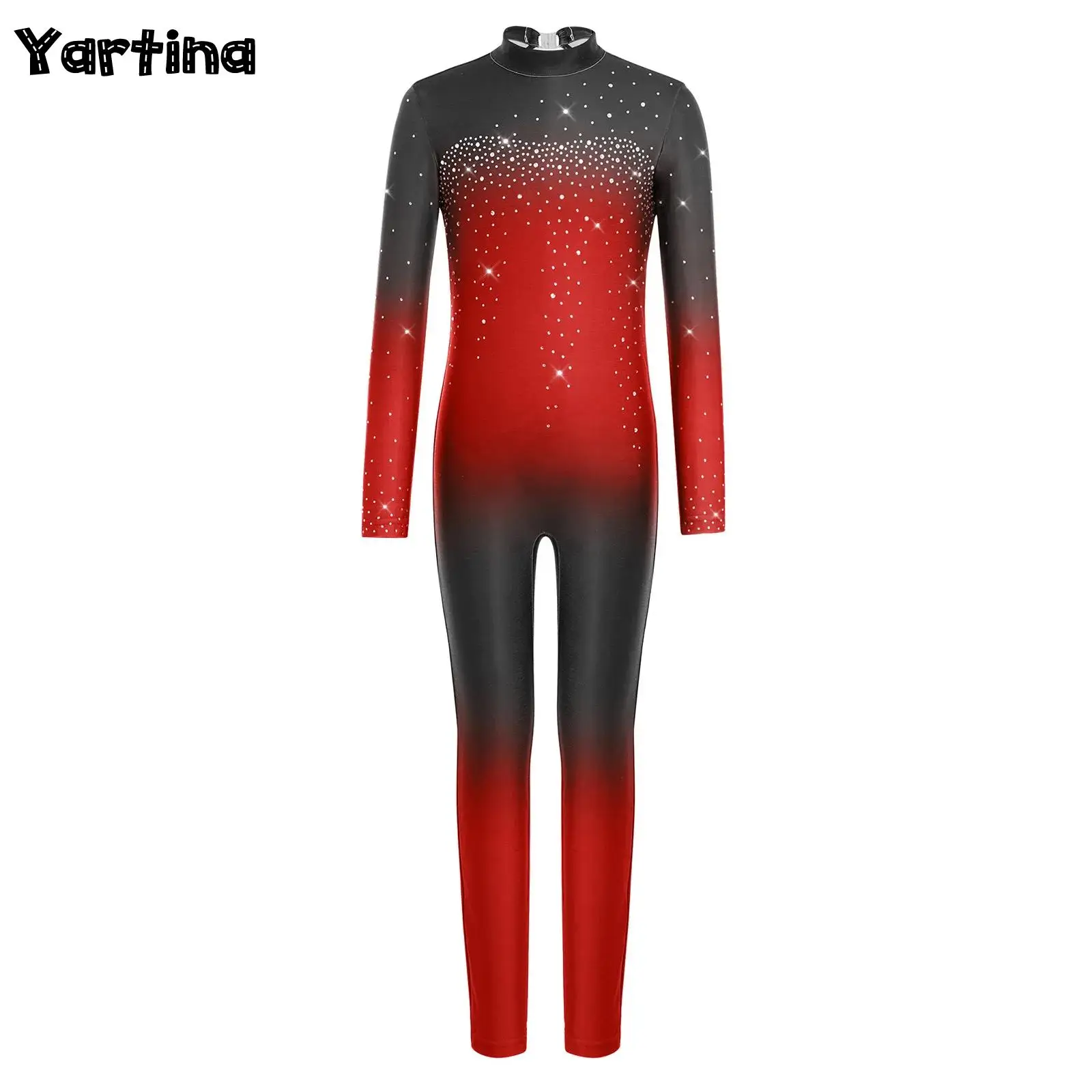 

Детский гимнастический купальник для девочек, комбинезон для балета и танцев, с высоким воротником, длинными рукавами, блестящими стразами, боди для выступлений