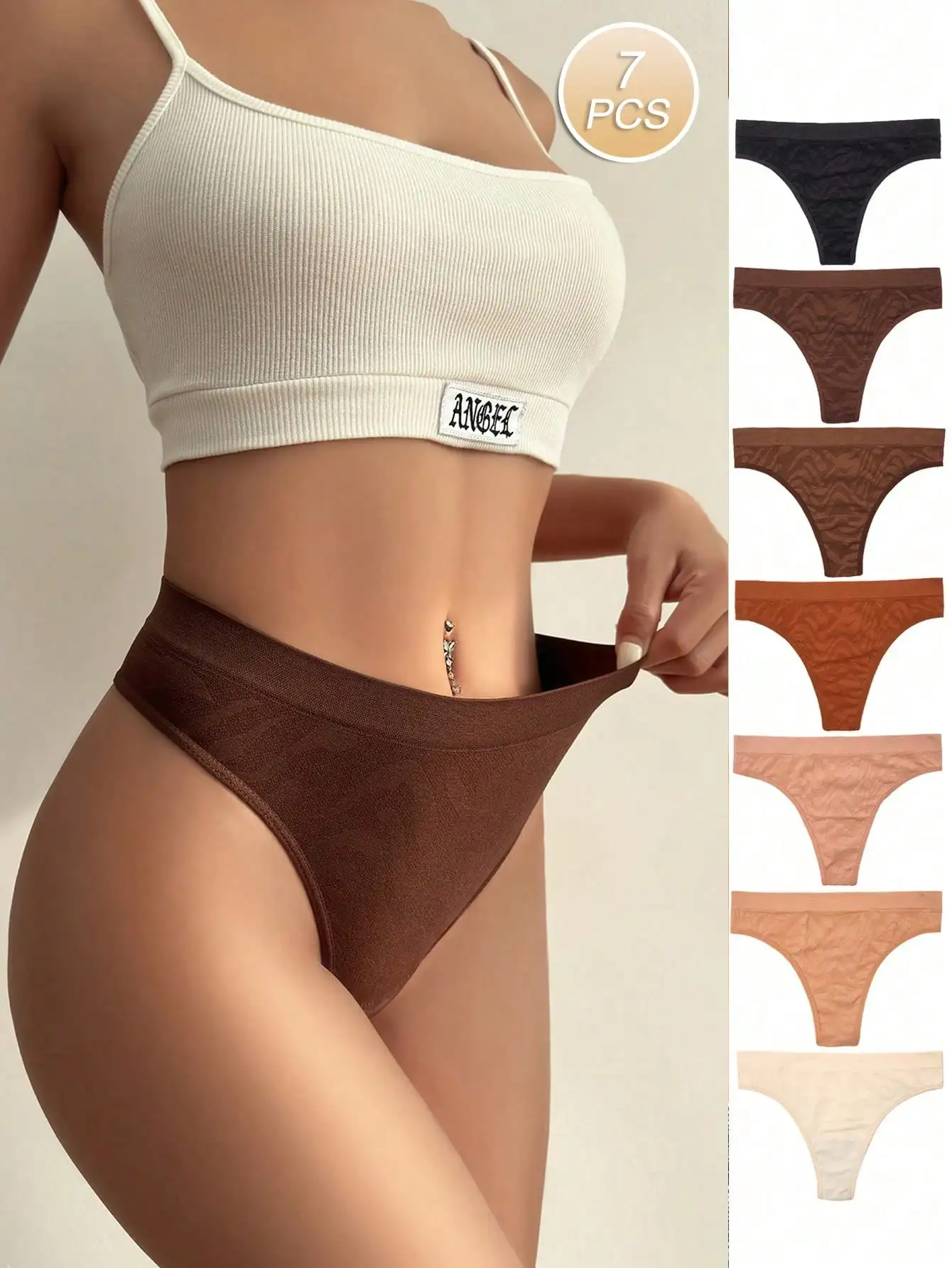 7 Packs Women Low Waist Floral Jacquard Thong Panties Soft Stretch Cotton Briefs Breathable Cotton Crotch No Show Seamless Hipst