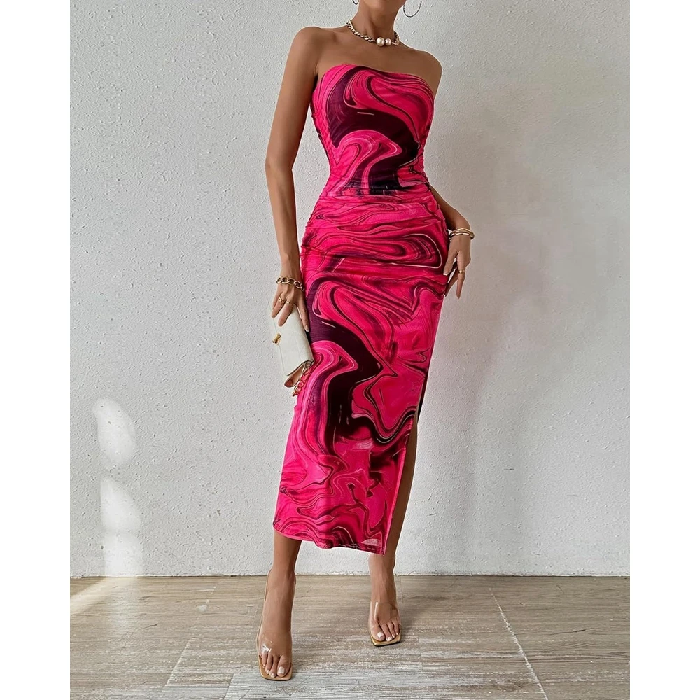 

Women All Over Print Bodycon Casual Maxi Dress Summer Sexy Chest Wrapping High Slit New in Party Dress Woman Vintage Clothes