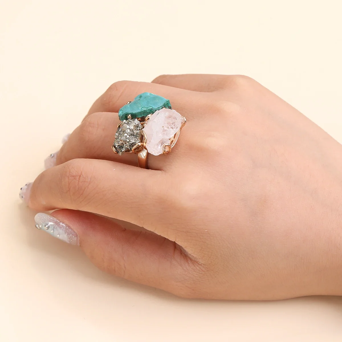 Irregular Crystal Open Ring Repair Natural Amethyst Yellow Crystal Three Gems Women's Ring Jewelry Accessories
