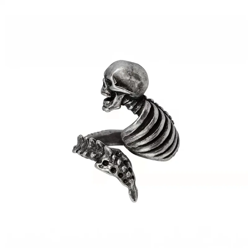 Gothic Resurrect Skull Open Ring for Men Women, Antiqued Vintage Silver‑Tone Skeleton Band, Retro Punk Adjustable Statement
