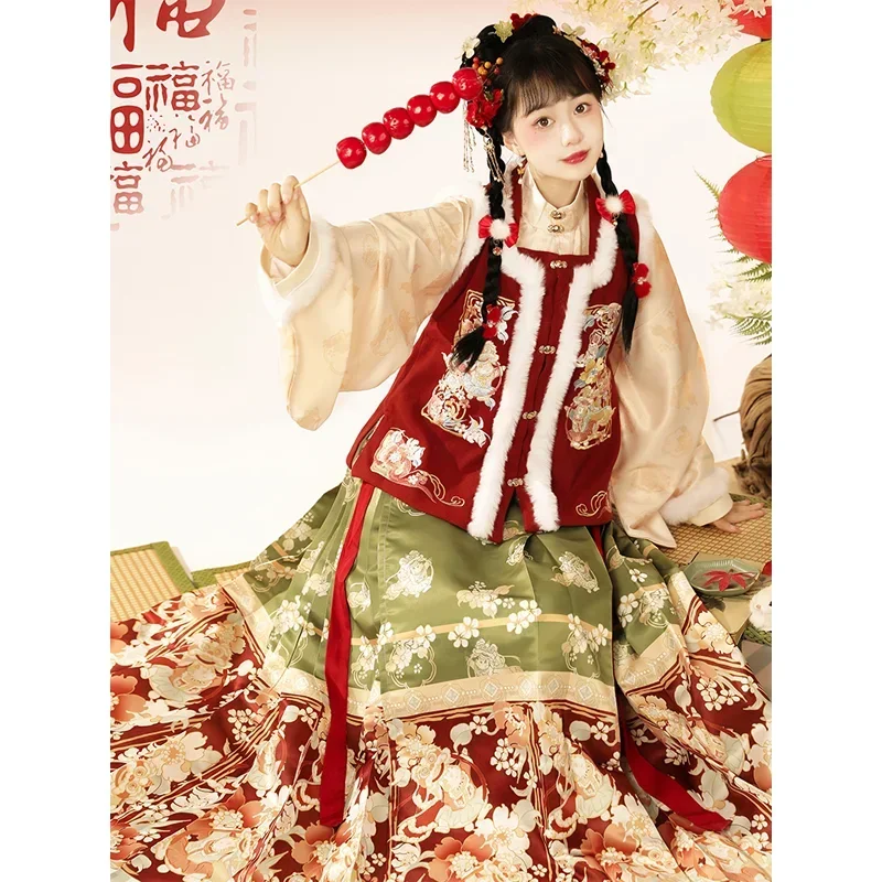 

2 Colors Ming Dynasty 3Pc Dress Set Chinese Style Women Winter Embroidery Vest Elegant Horse Face Skirt Thicken Winter Hanfu