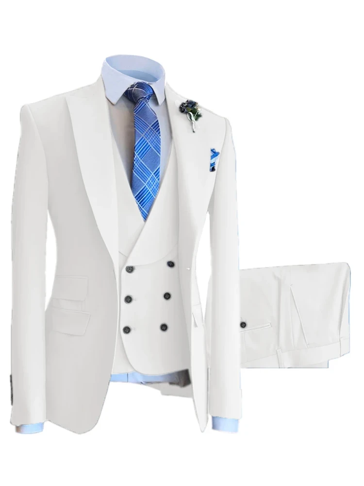 White Men Suits Set Groomsmen Groom Wear Tuxedos Costume Homme Mariage Wedding Business Suits For Men 3PCS(Blazer+Vest+Pants)