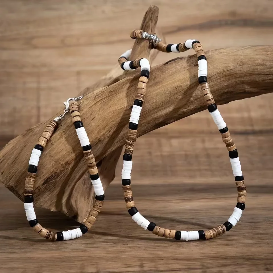 2 PCS Vintage Surfer Beaded Bracelet Necklace Set For Men Boho Layered Necklace For Casual & Beach Wear - view 5