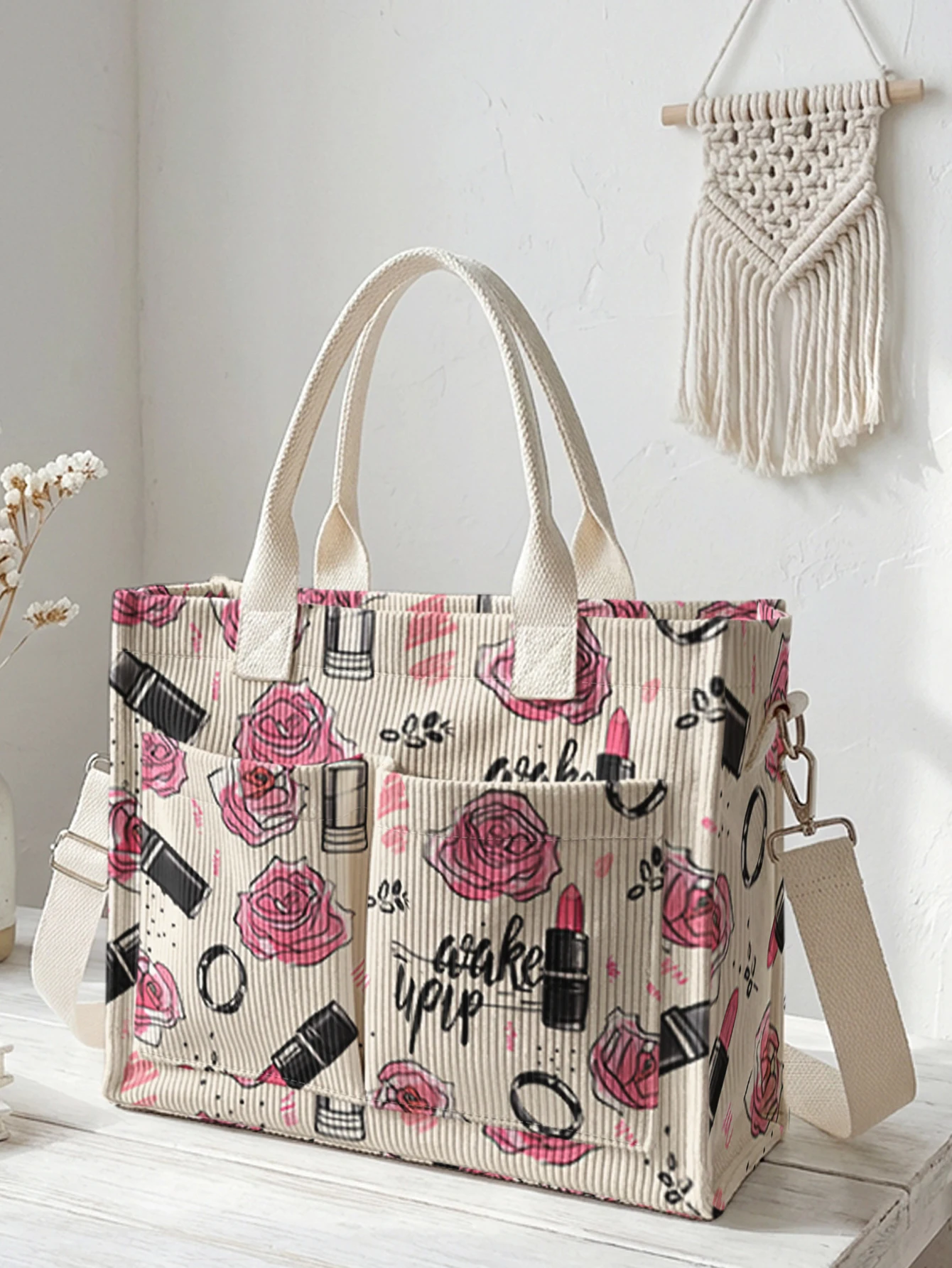 

Rose & Lipstick Print "Wake Up" Corduroy Tote Bag Large Capacity Multi Pocket Beauty Lover Commuter Shoulder Bag