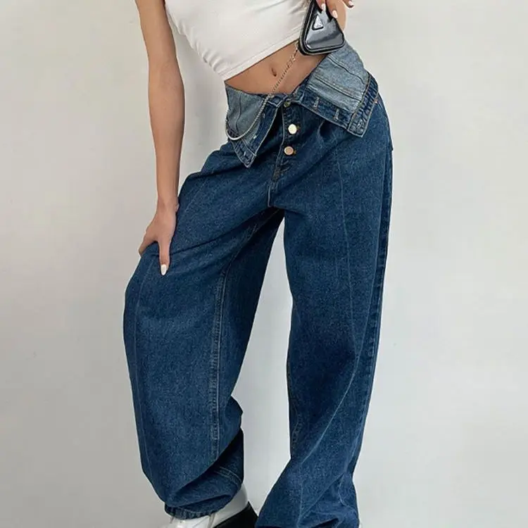 Jeans Flange Button Design Sense Ins High-Waisted 2024 Street Retro Wide-Leg Women'S Thin Drape Straight Women'S Trousers